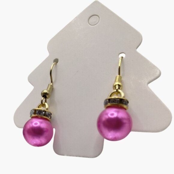 Pink Pearl Gold Hook Earrings Rhinestone Accent Christmas Ornament - Picture 1 of 4